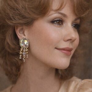 (B20) Chipita AB Crystal Beaded Fringe Chandelier Earrings Gold Tone